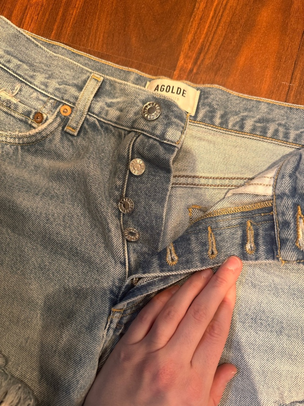 Agolde Light Blue Parker Distressed High-Rise Denim Shorts - Picture 3 of 7